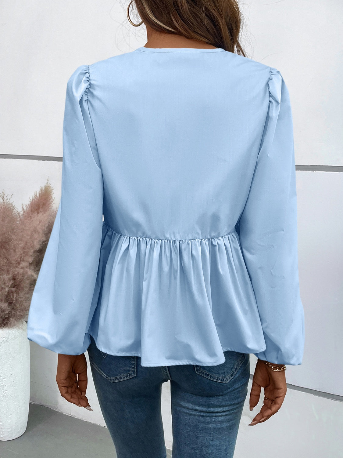 Peplum Tied Long Sleeve Blouse - Charming Charlie