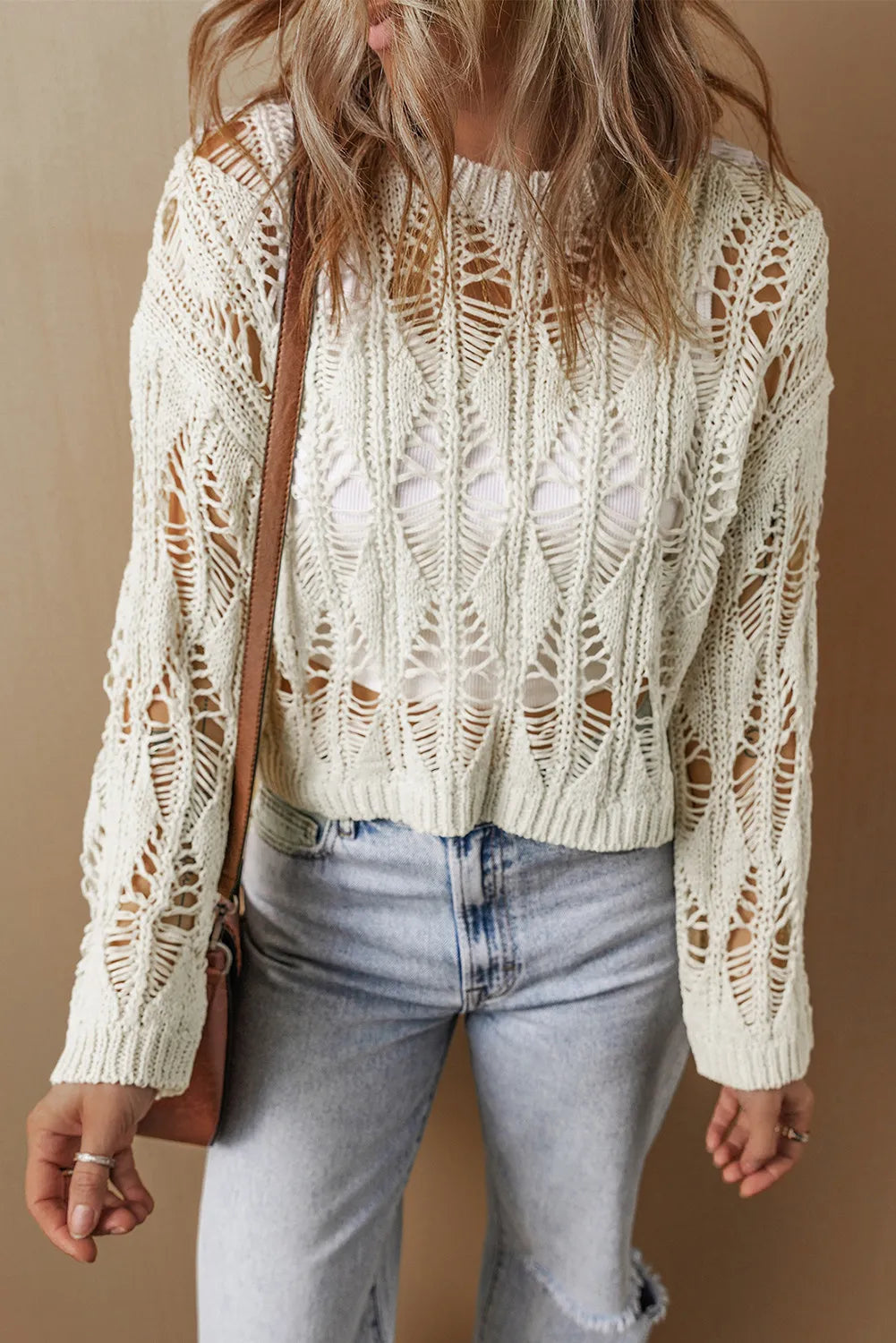 Cutout Round Neck Long Sleeve Knit Cover Up - Charming Charlie