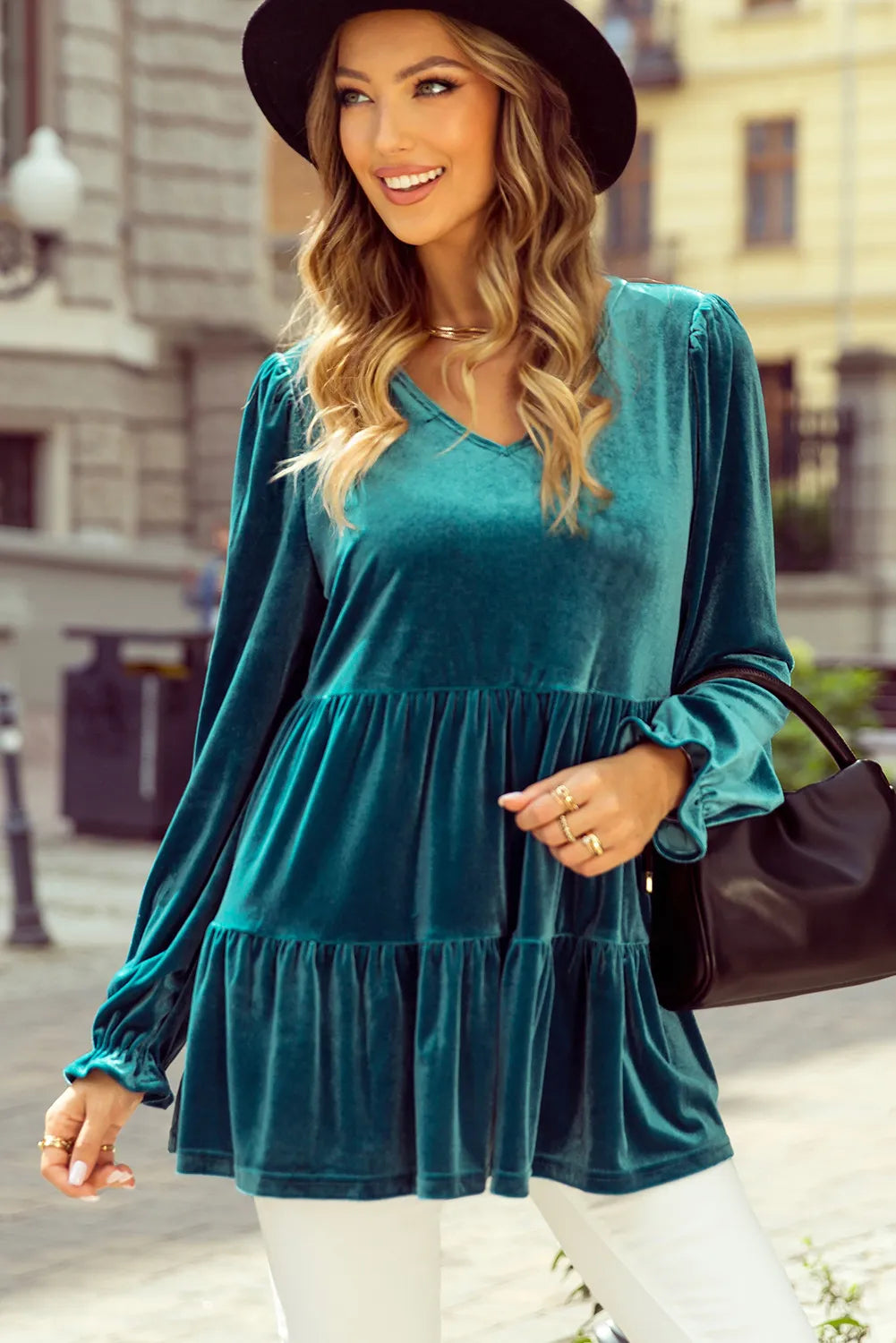 Peplum V-Neck Flounce Sleeve Blouse - Charming Charlie