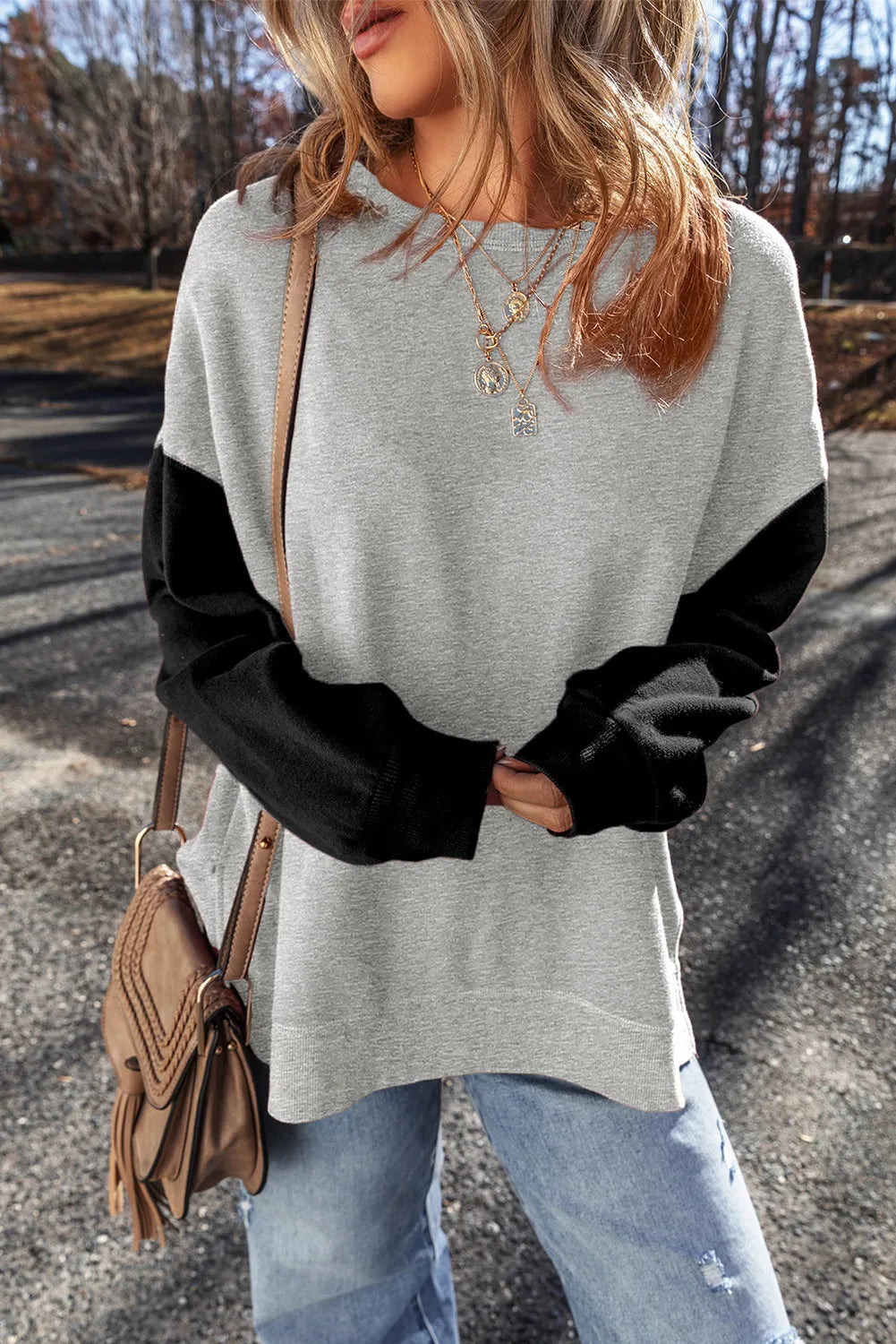 Contrast Round Neck Long Sleeve Sweatshirt - Charming Charlie