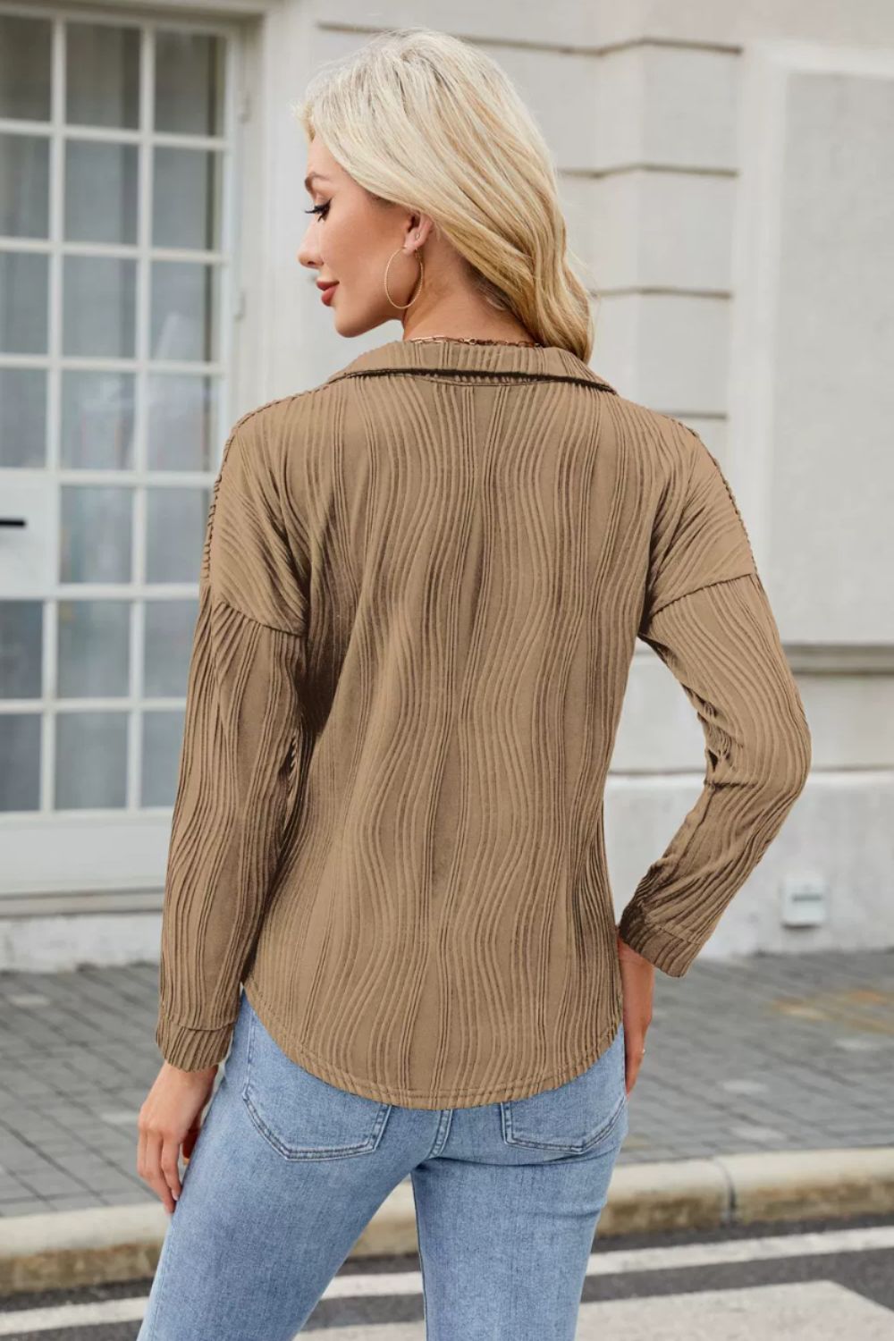 Texture Collared Neck Long Sleeve Blouse - Charming Charlie