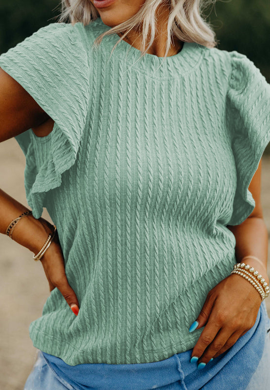 Textured Round Neck Flounce Sleeve Blouse - Charming Charlie