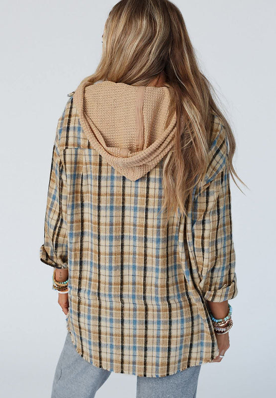 Drawstring Waffle Knit Patchwork Hooded Plaid Shacket - Charming Charlie