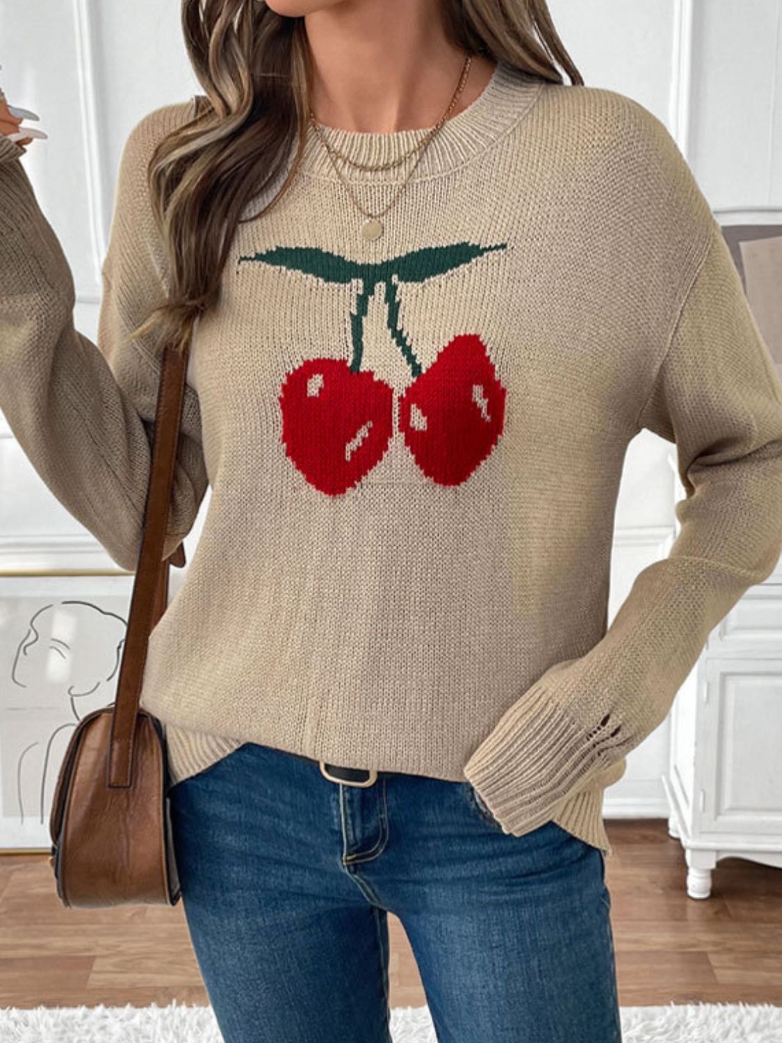 Perfee Cherry Round Neck Long Sleeve Sweater - Charming Charlie