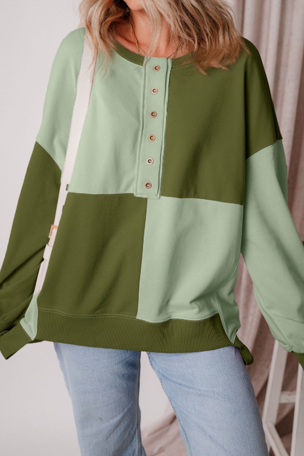Color Block Half Button Long Sleeve Sweatshirt - Charming Charlie