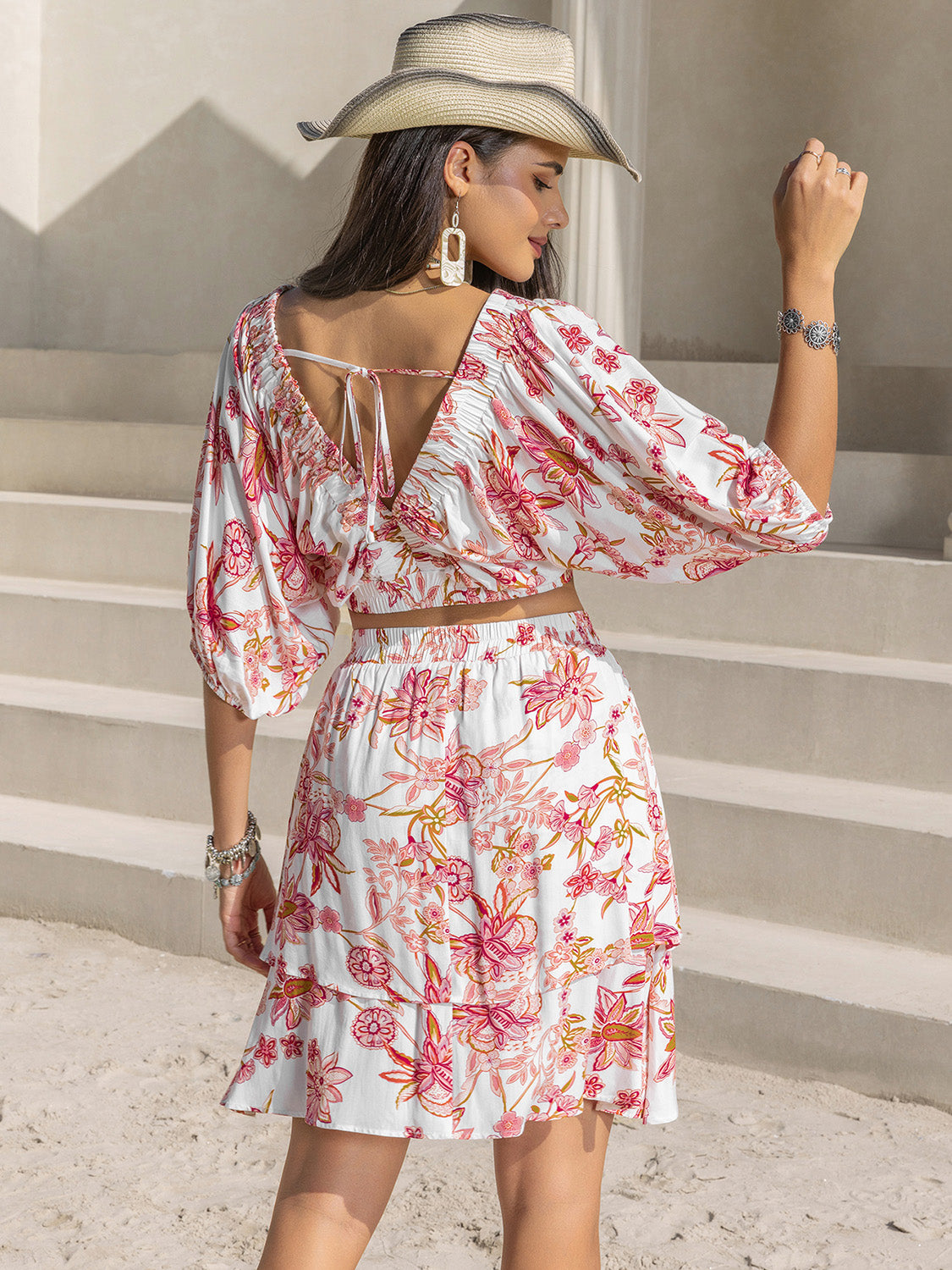 Printed Half Sleeve Top and Layered Skirt Set - Charming Charlie