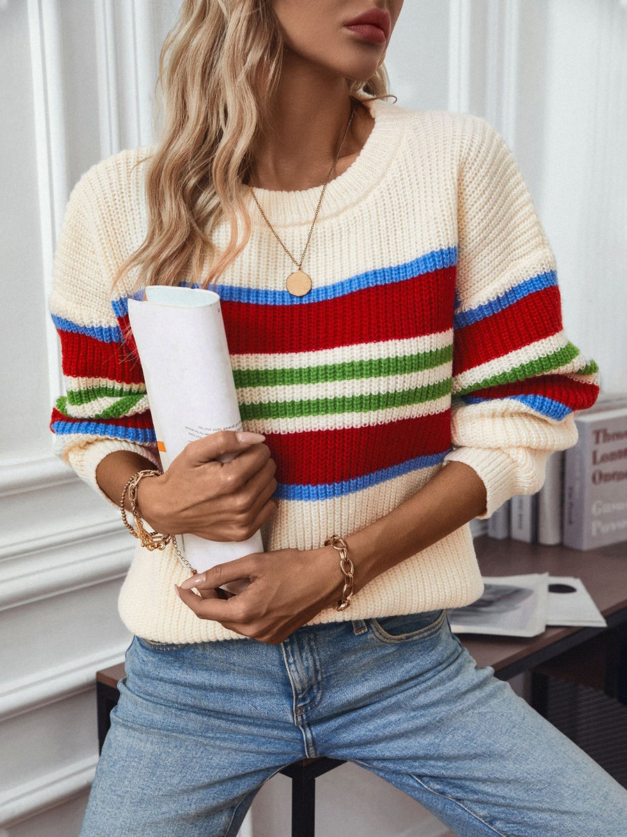 Plus Size Contrast Striped Long Sleeve Sweater