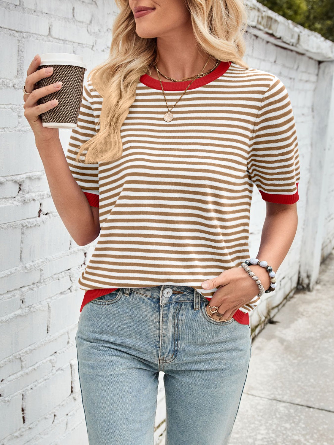 Lovelet Striped Contrast Round Neck Half Sleeve Knit Top - Charming Charlie