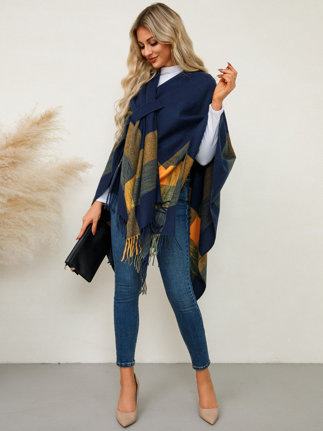Fringe Contrast Plaid Poncho - Charming Charlie