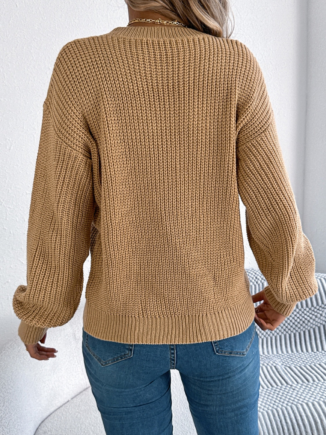Openwork Round Neck Long Sleeve Sweater - Charming Charlie