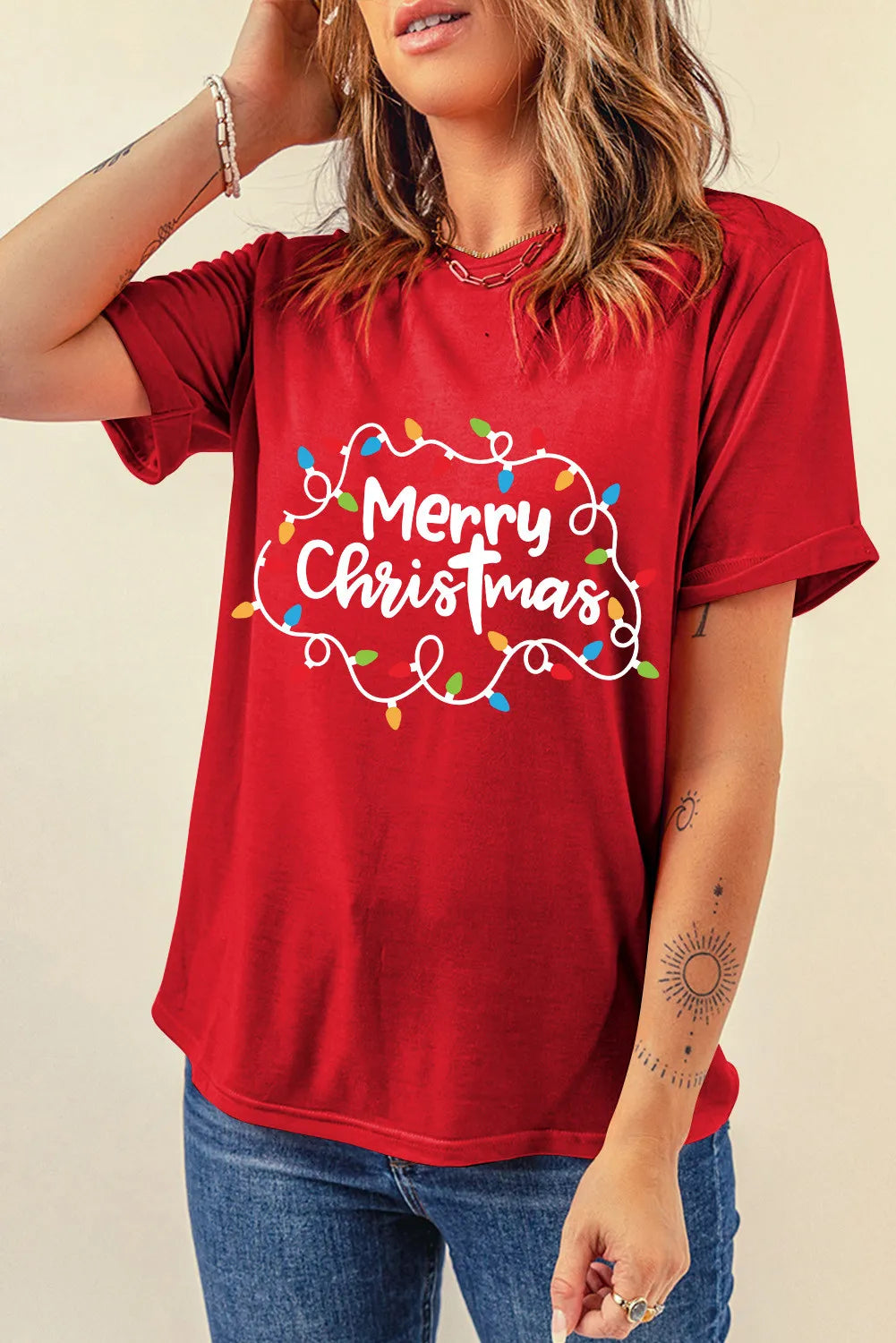 MERRY CHRISTMAS Round Neck Short Sleeve T-Shirt - Charming Charlie