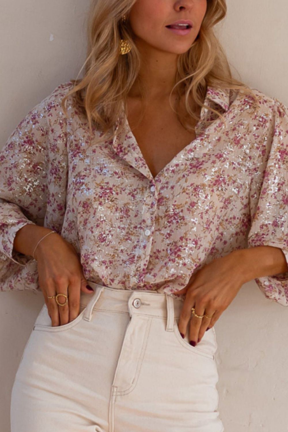 Printed Collared Neck Long Sleeve Shirt - Charming Charlie