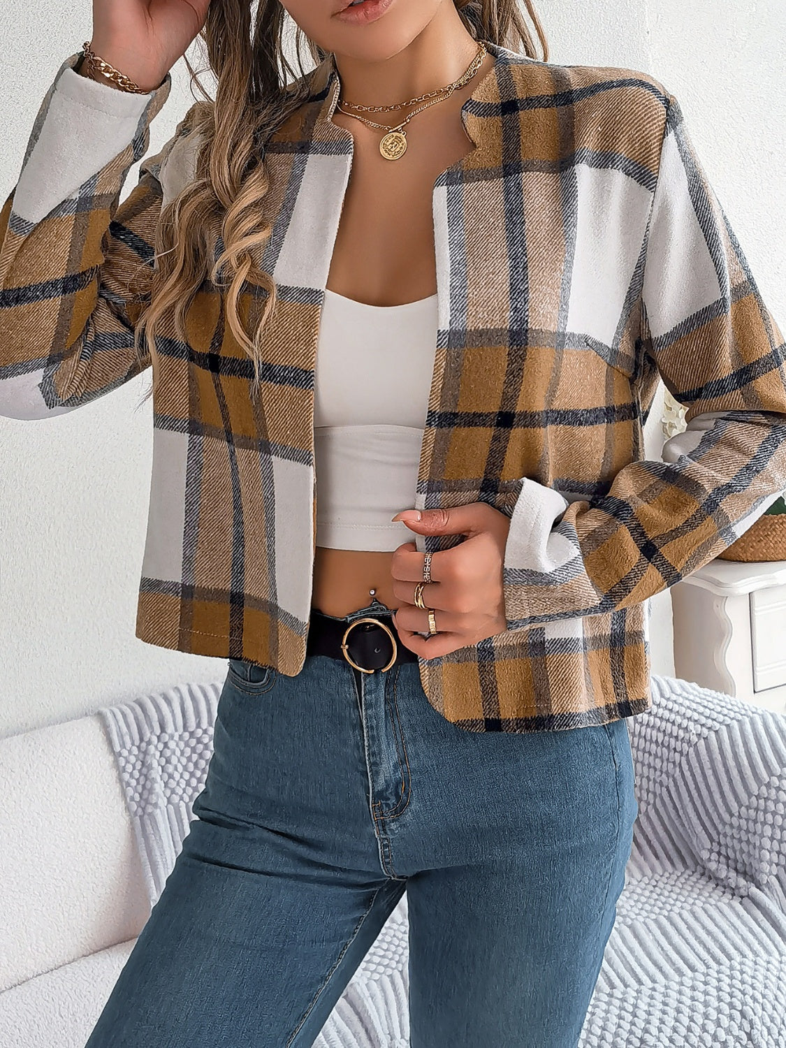 Plaid Open Front Long Sleeve Jacket - Charming Charlie