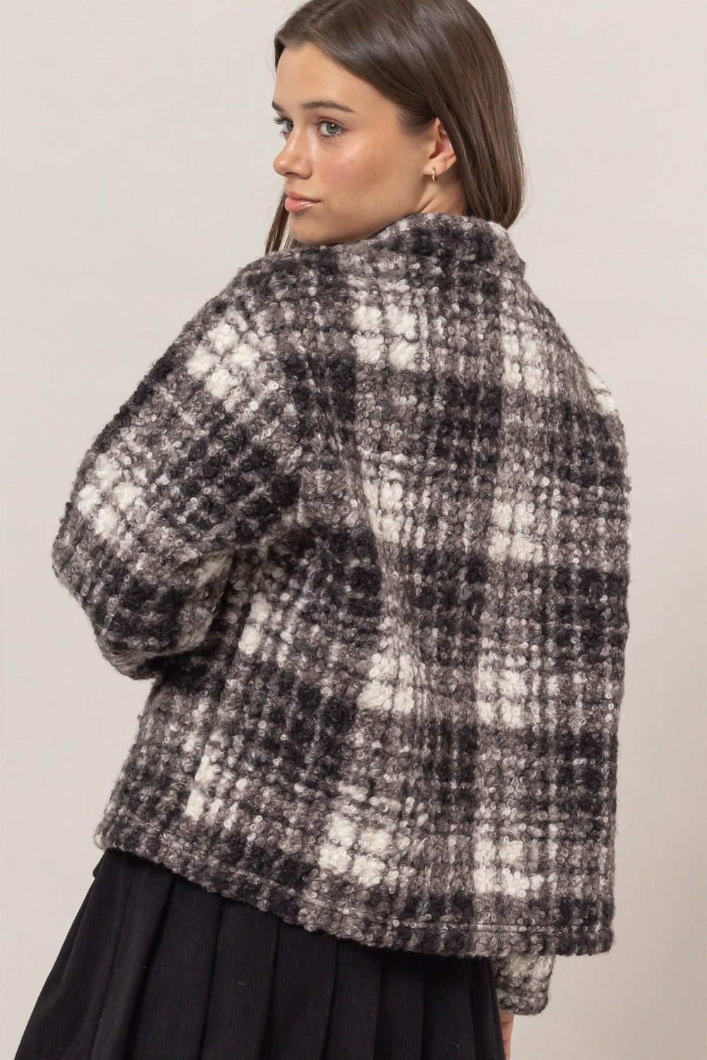 HYFVE Plaid Collared Neck Boucle Jacket with Pockets - Charming Charlie