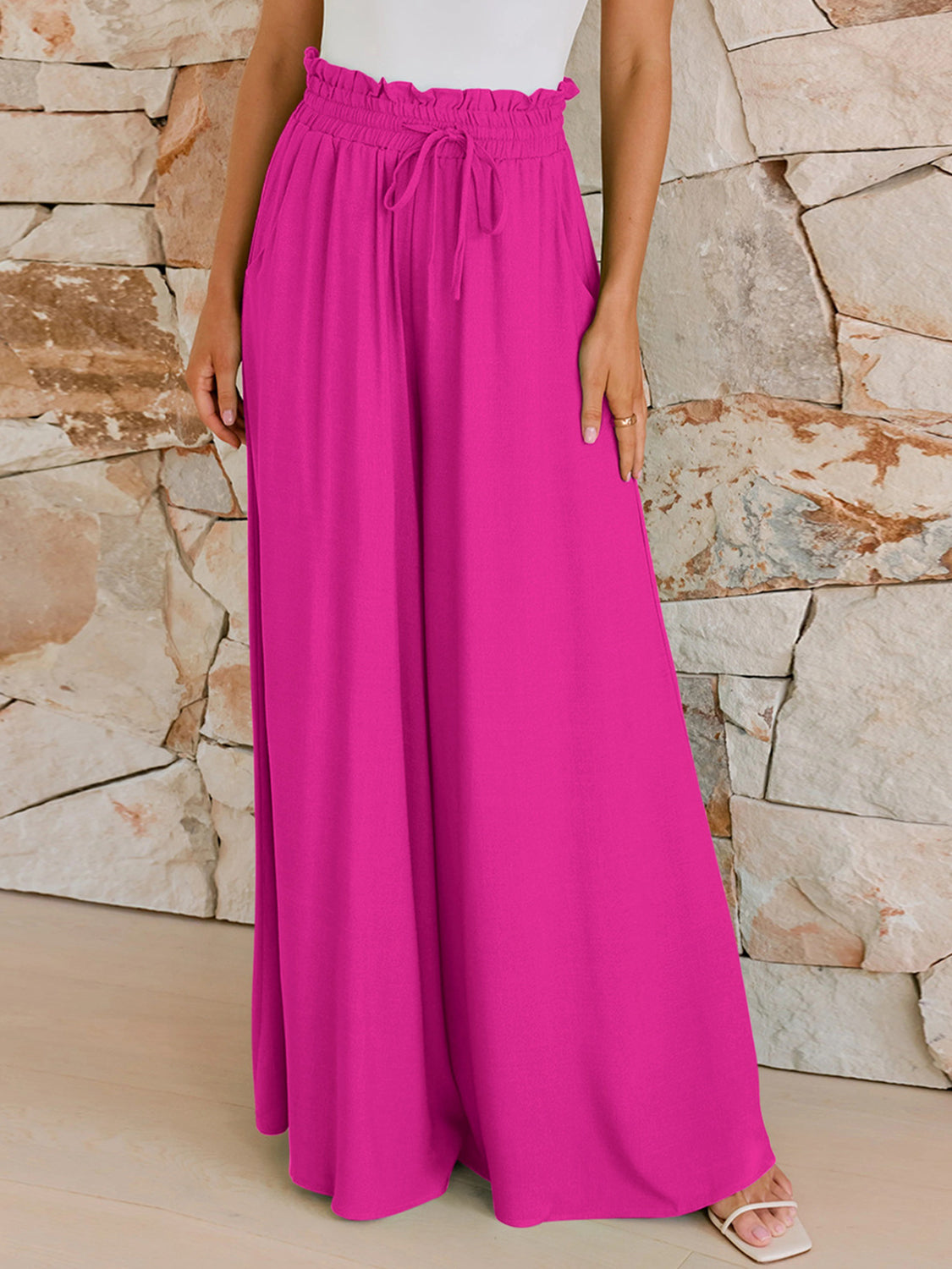 Drawstring Wide Leg Pants with Pockets - Charming Charlie