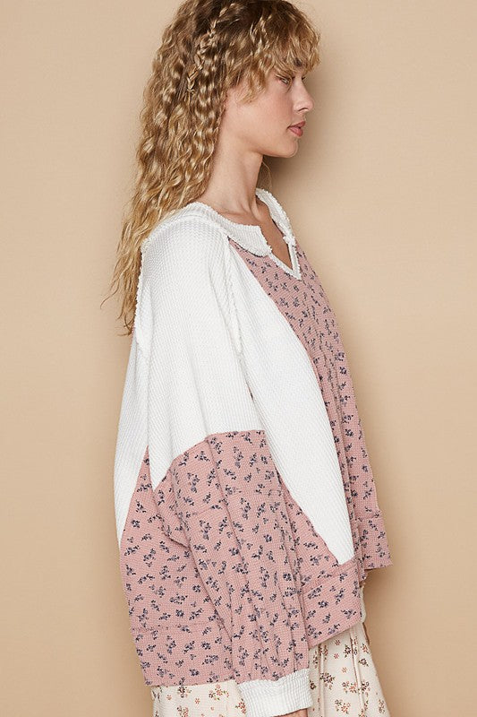 POL Waffle Knit Floral Notched Long Sleeve Top - Charming Charlie