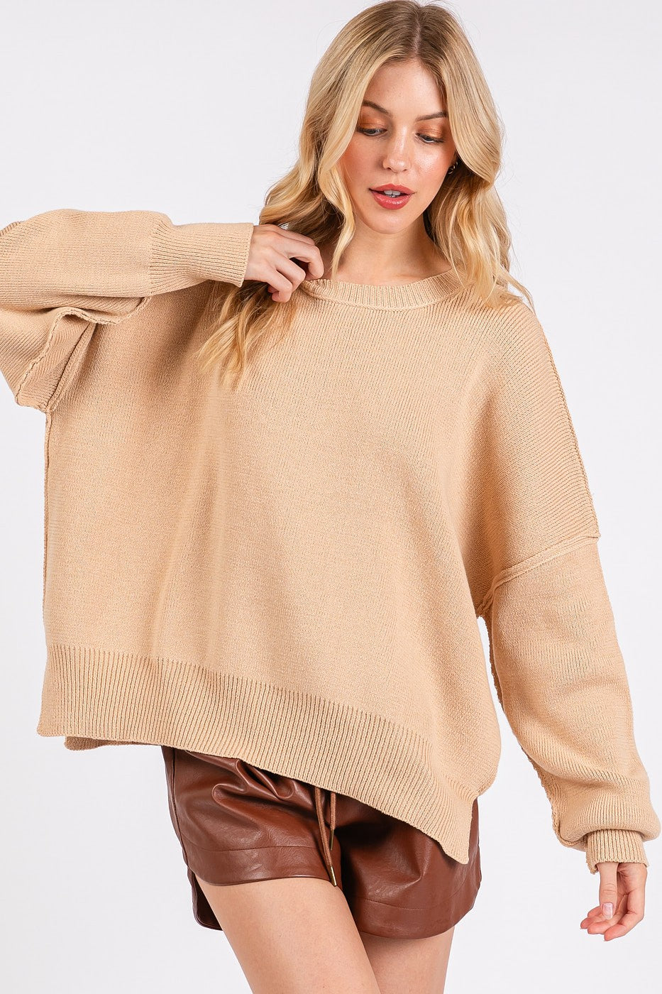 Mittoshop Side Slit Round Neck Drop Shoulder Sweater - Charming Charlie