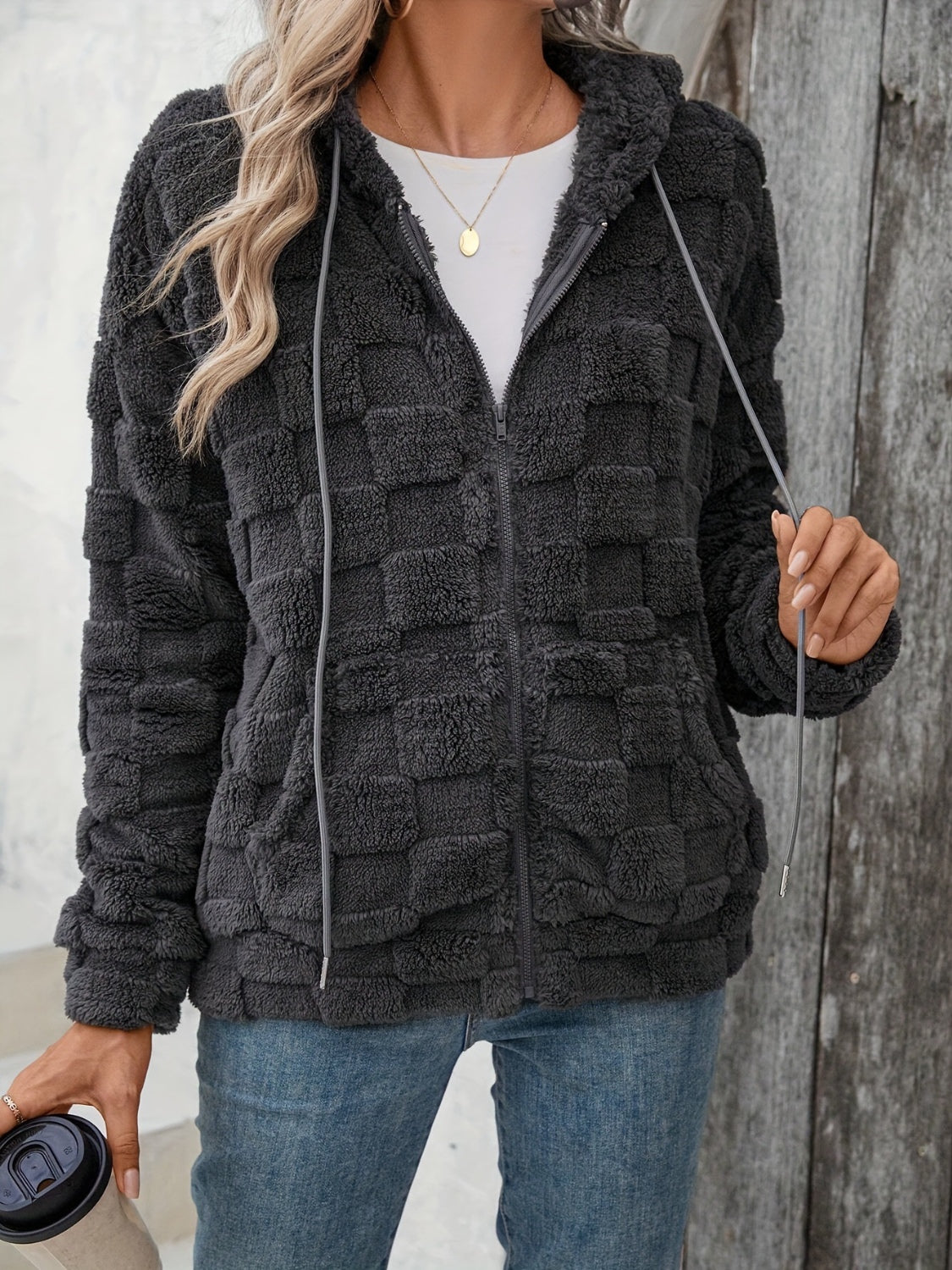Checkered Texture Zip Up Drawstring Fuzzy Jacket - Charming Charlie