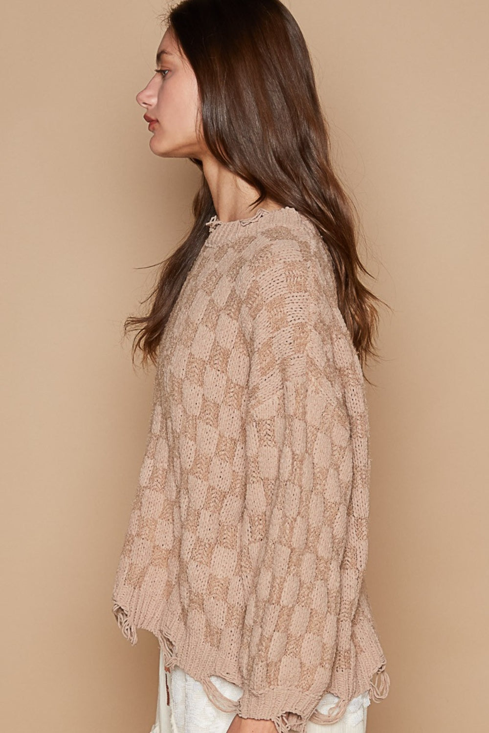POL Checkered Distressed Edge Sweater - Charming Charlie