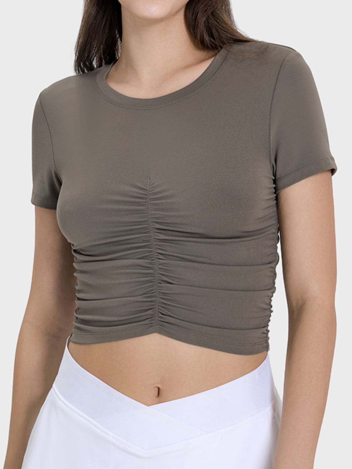Ruched Round Neck Short Sleeve Active T-Shirt - Charming Charlie