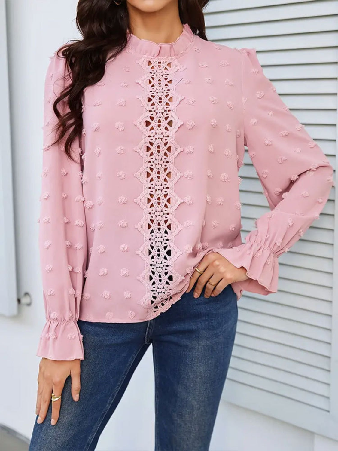 Swiss Dot Mock Neck Flounce Sleeve Blouse - Charming Charlie