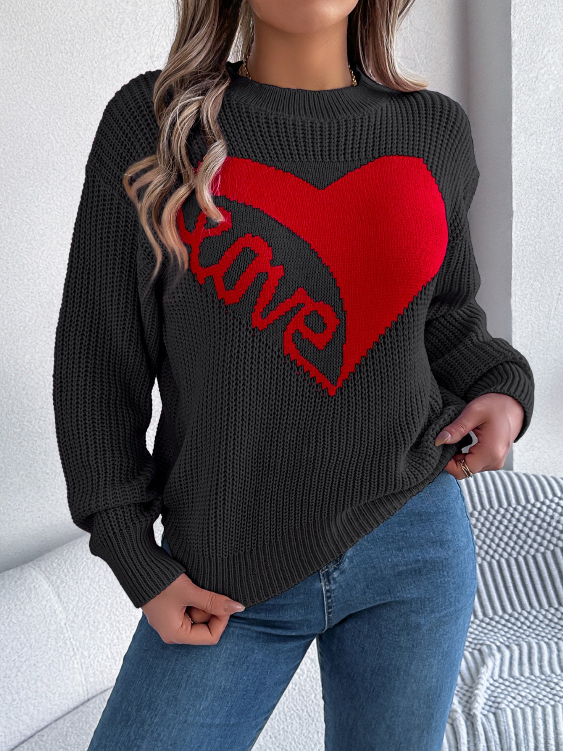LOVE Heart Round Neck Dropped Shoulder Sweater - Charming Charlie