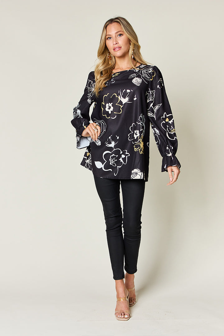 Double Take Full Size Printed Flounce Sleeve Blouse - Charming Charlie