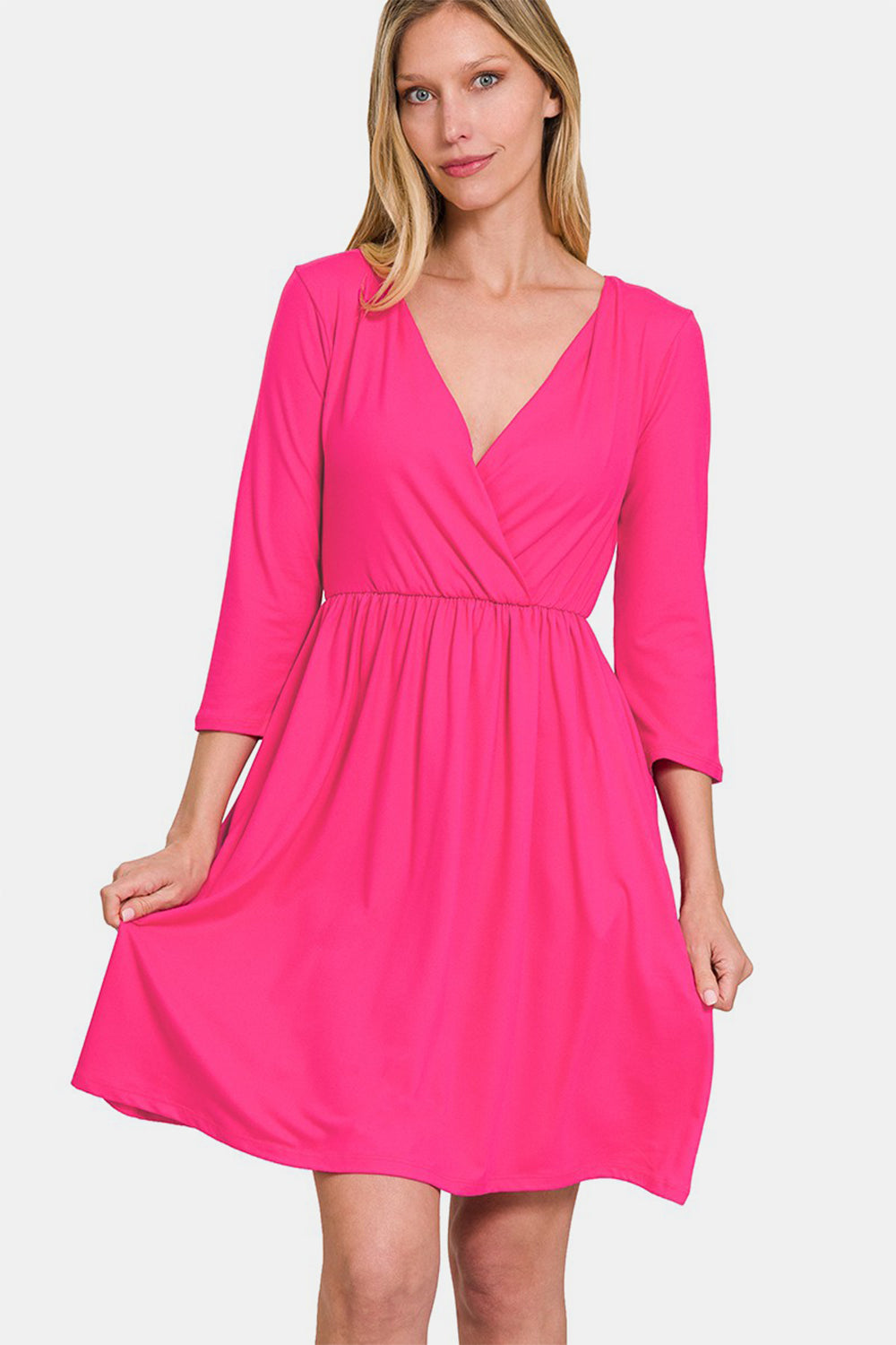 Zenana Three-Quarter Sleeve Surplice Dress with Pockets - Charming Charlie