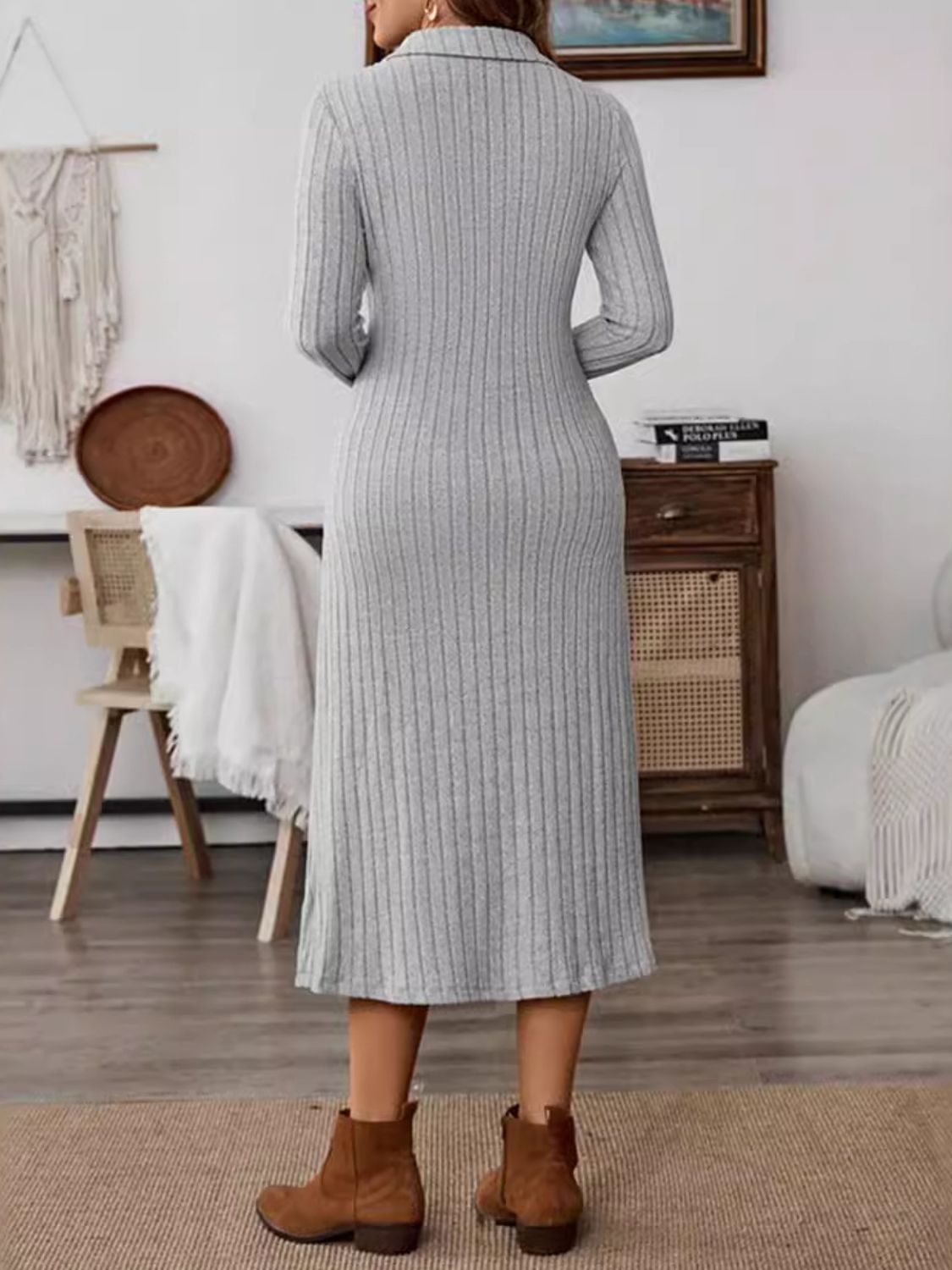 Collared Neck Long Sleeve Midi Dress - Charming Charlie