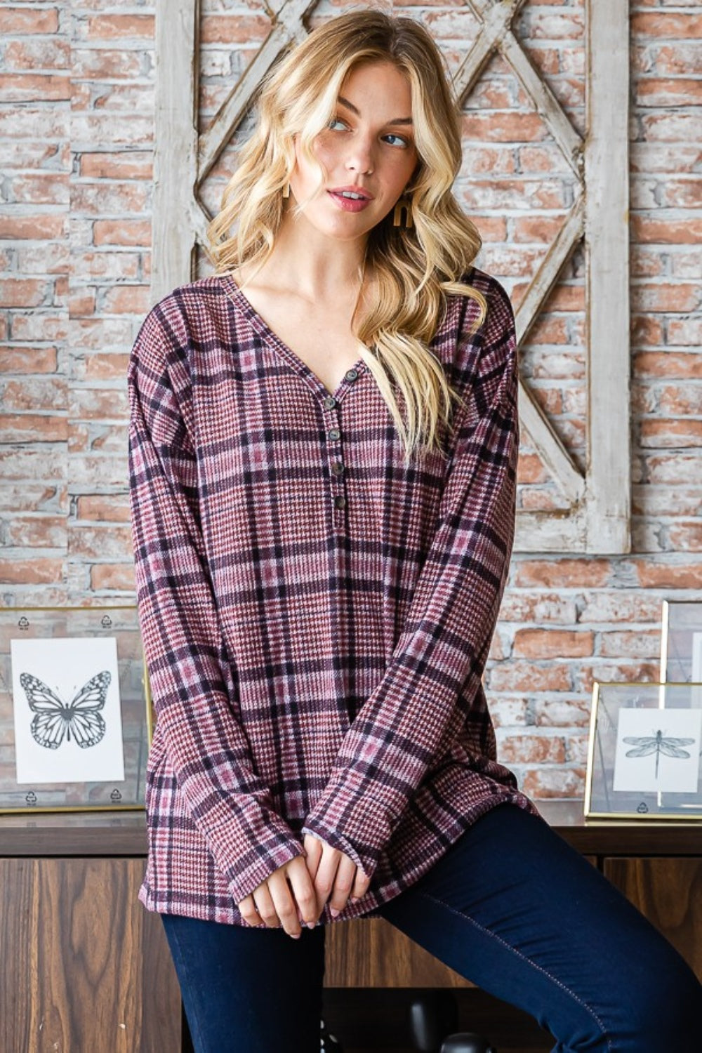 Heimish Full Size Plaid V-Neck Long Sleeve Top - Charming Charlie