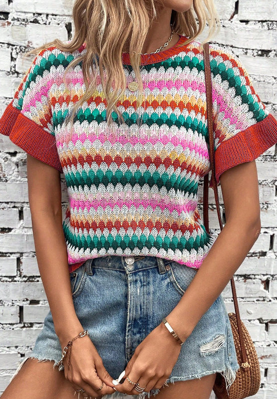 Contrast Round Neck Short Sleeve Sweater - Charming Charlie