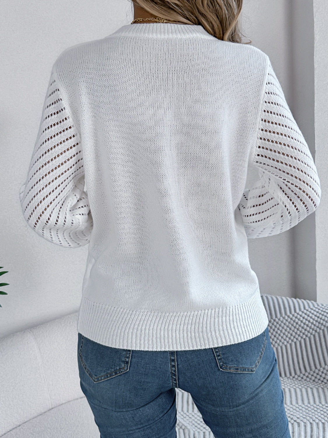 Openwork Round Neck Long Sleeve Knit Top - Charming Charlie
