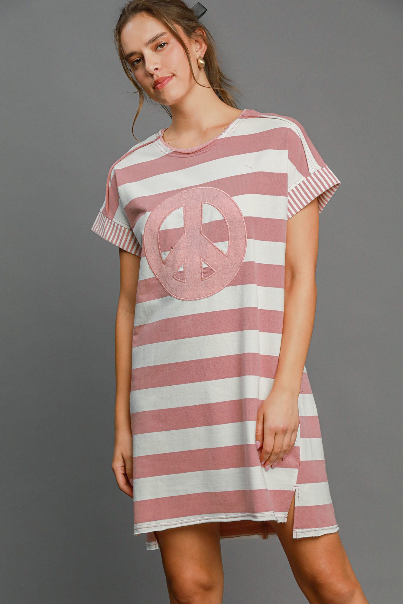 Umgee Peace Applique Striped Short Sleeve Mini Dress - Charming Charlie