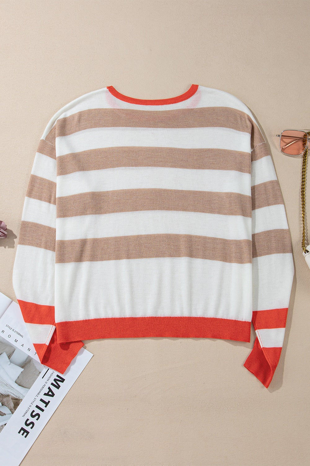 Contrast Striped Round Neck Drop Shoulder Knit Top - Charming Charlie