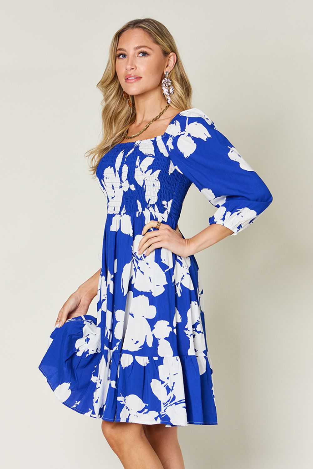 Double Take Full Size Floral Ruffle Hem Smocked Dress with Pockets - Charming Charlie