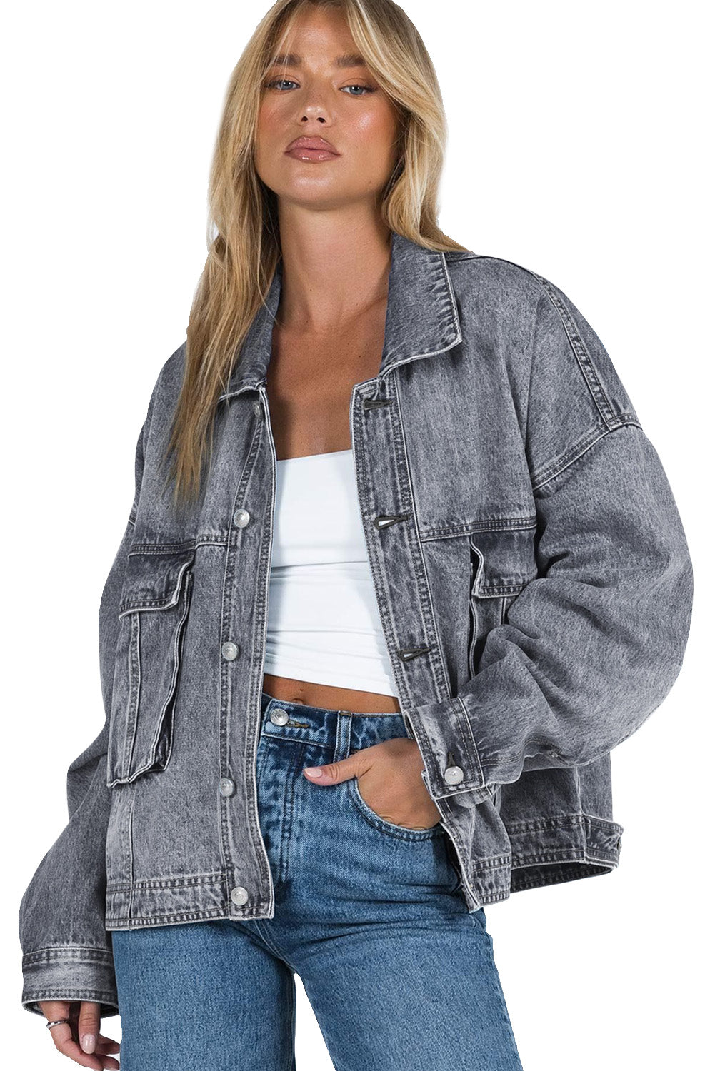Collared Neck Button Up Denim Jacket - Charming Charlie