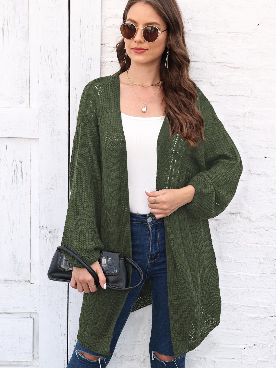 Cable-Knit Open Front Long Sleeve Cardigan - Charming Charlie