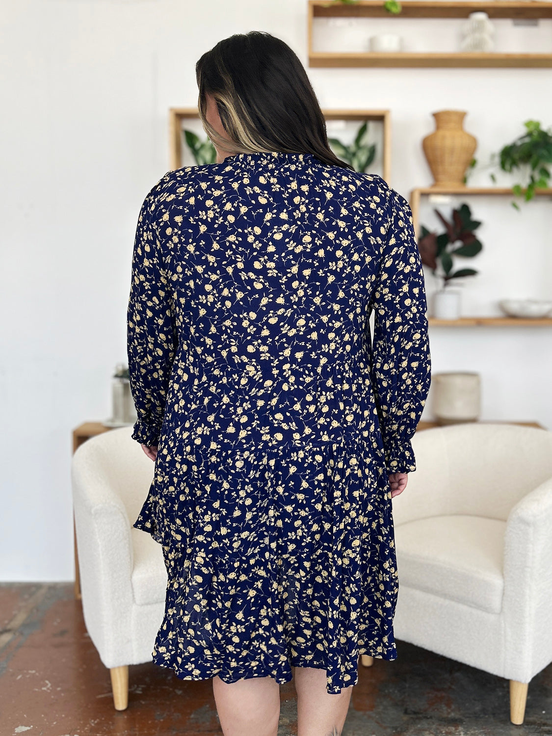 Double Take Full Size Printed Ruffle Hem Long Sleeve Tiered Dress - Charming Charlie
