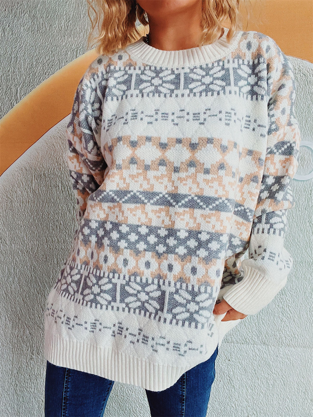 Geometric Round Neck Dropped Shoulder Sweater - Charming Charlie