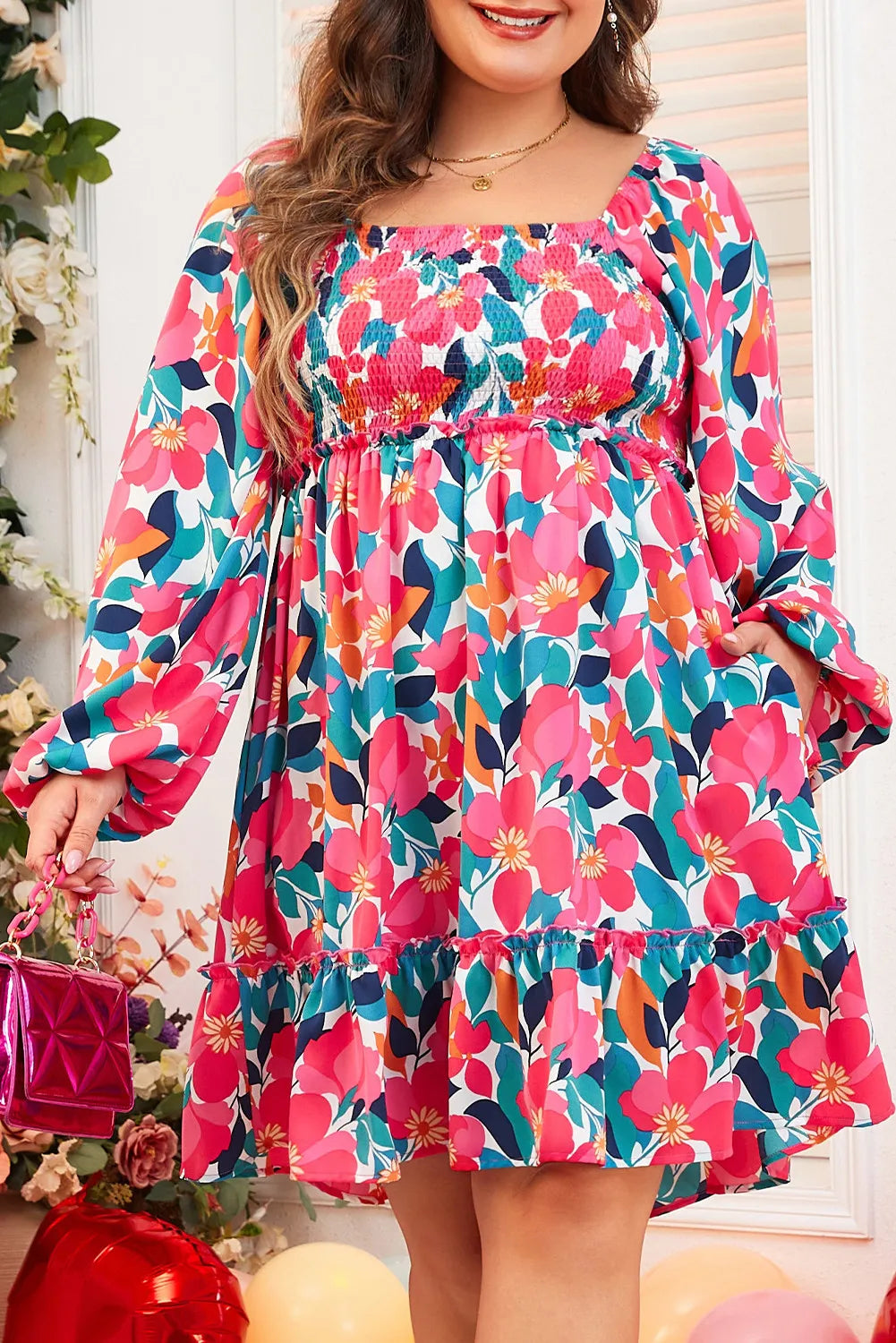 Plus Size Smocked Floral Square Neck Balloon Sleeve Dress - Charming Charlie