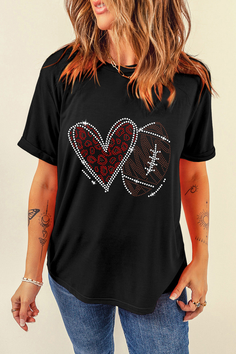 Rhinestone Round Neck Short Sleeve T-Shirt - Charming Charlie