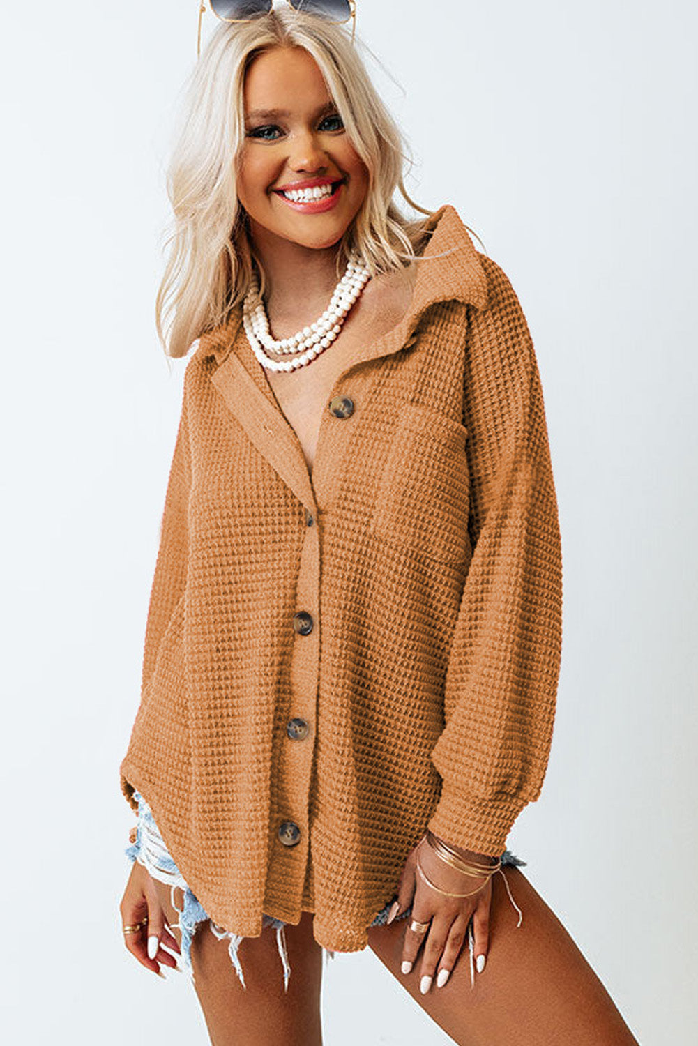Waffle-Knit Collared Neck Long Sleeve Shirt - Charming Charlie