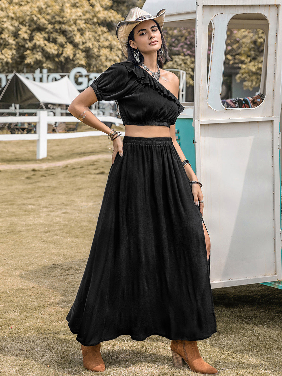Ruffled Single Shoulder Top and Slit Skirt Set - Charming Charlie