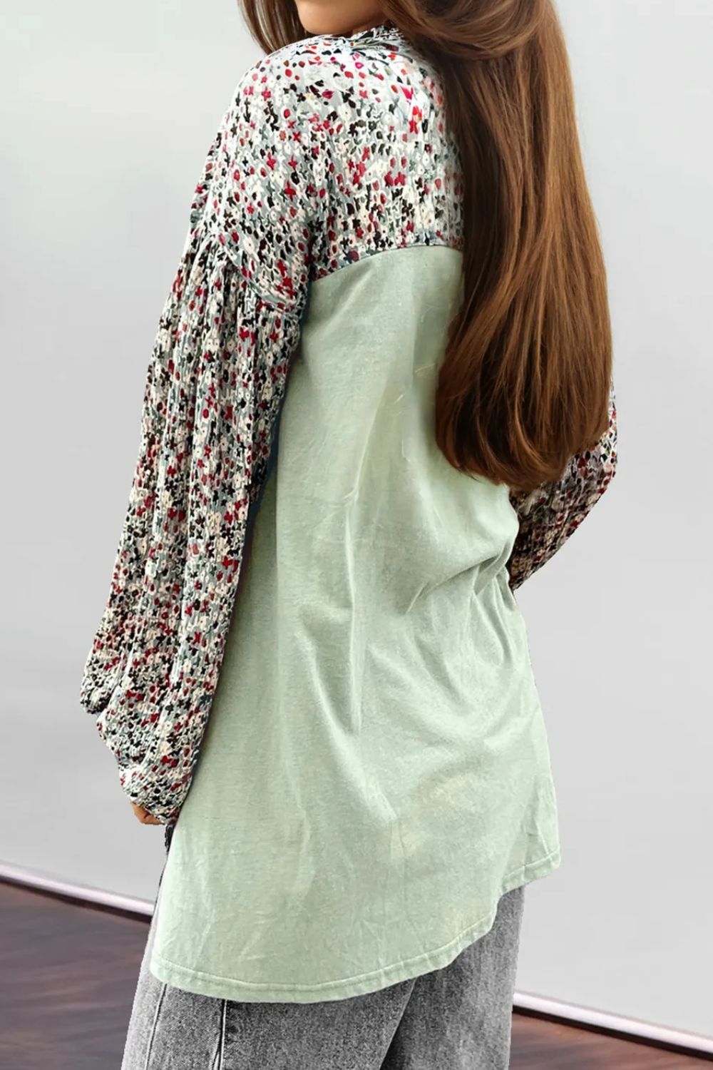 Printed Notched Long Sleeve Blouse - Charming Charlie