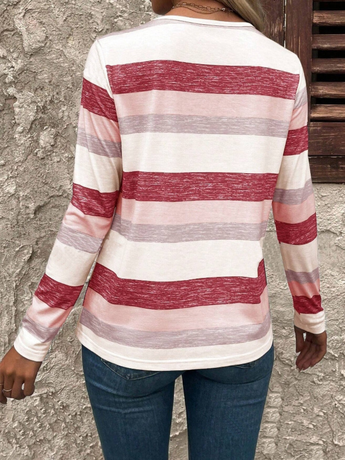 Contrast Striped V-Neck Long Sleeve T-Shirt - Charming Charlie