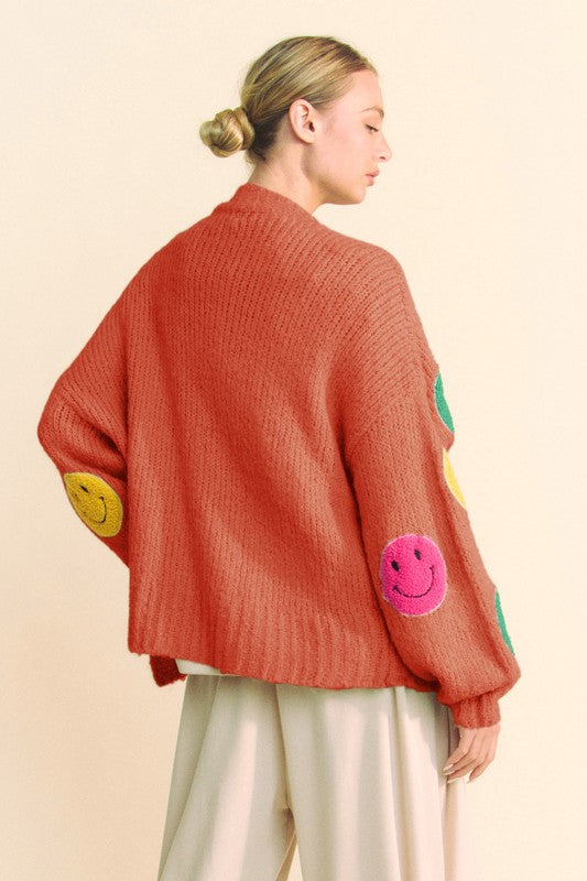 Davi & Dani Fuzzy Smile Open Front Long Sleeve Cardigan - Charming Charlie