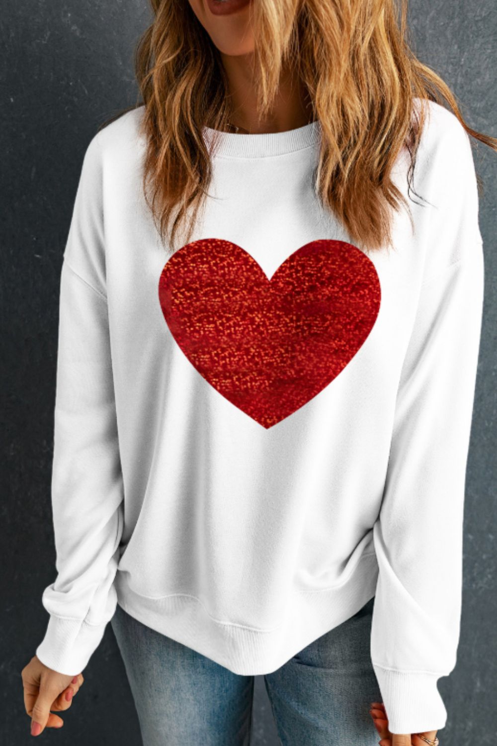 Valentine’s Day Heart Round Neck Long Sleeve Sweatshirt - Charming Charlie