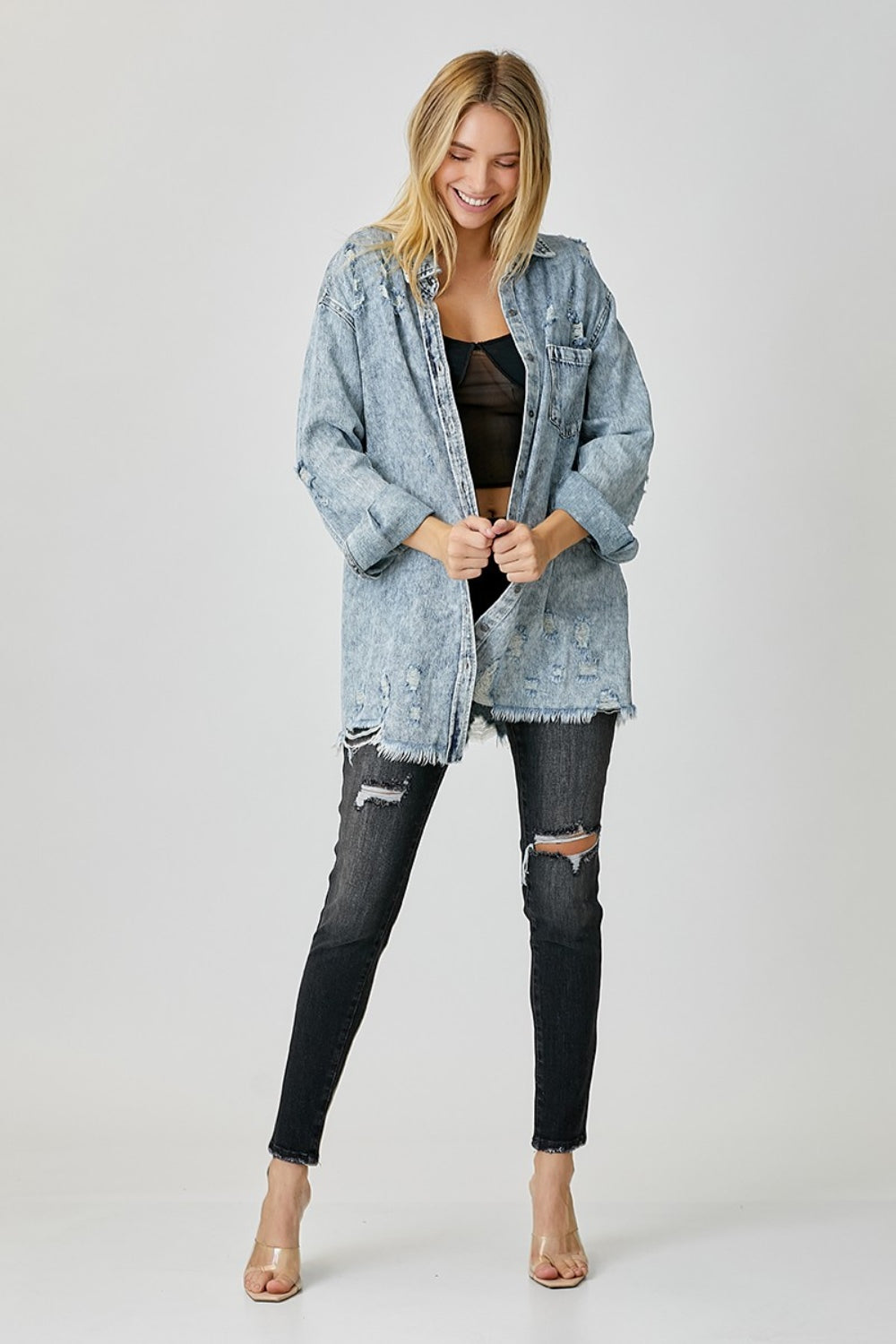 RISEN Distressed Raw Hem Denim Shirt - Charming Charlie