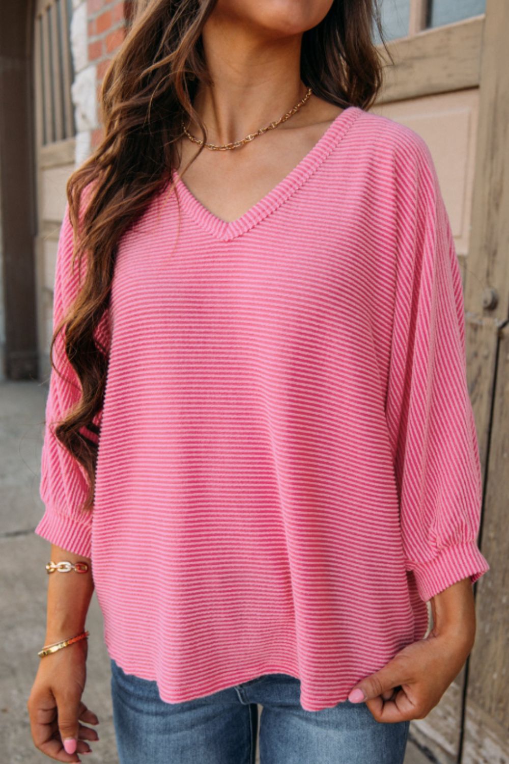 Texture V-Neck Long Sleeve Top - Charming Charlie