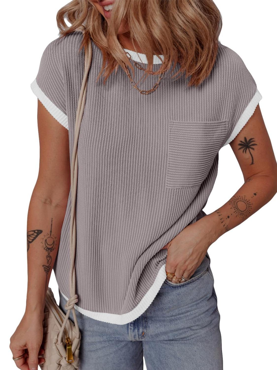Contrast Trim Round Neck Short Sleeve T-Shirt - Charming Charlie